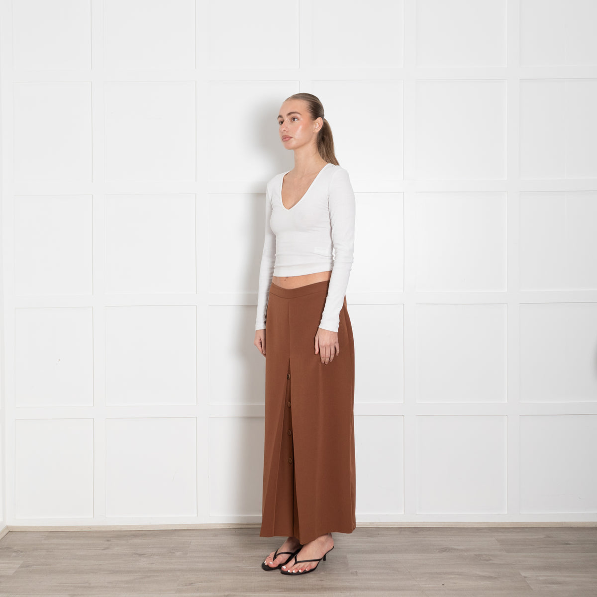 Zoe Milano Tan Button Detail Midi Skirt