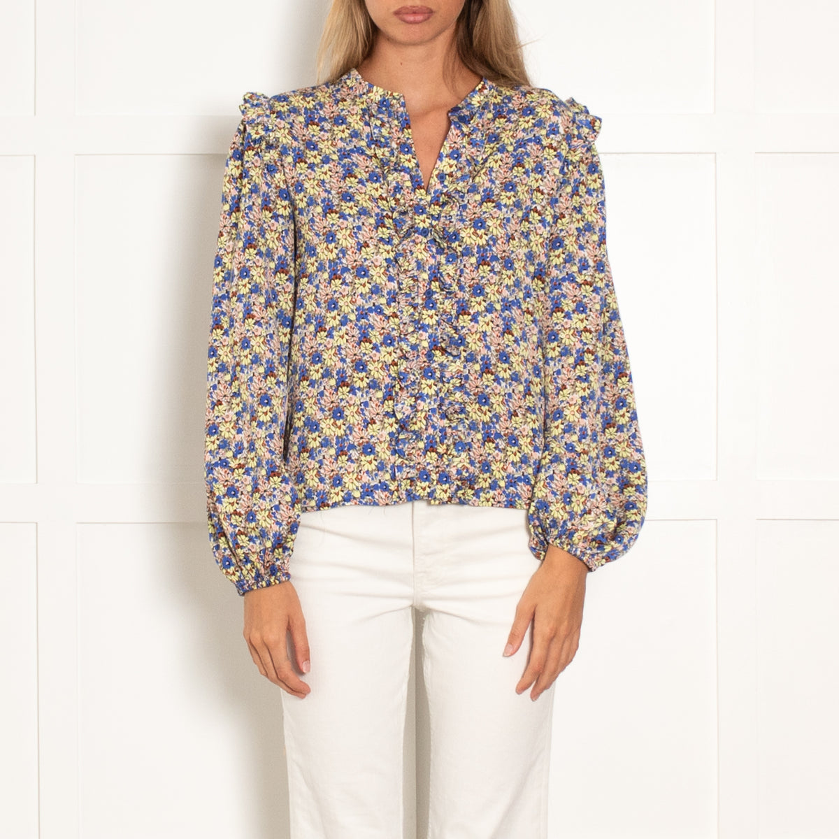 Lollys Laundry Khaki Blue Yellow Floral Frill Trim Blouse