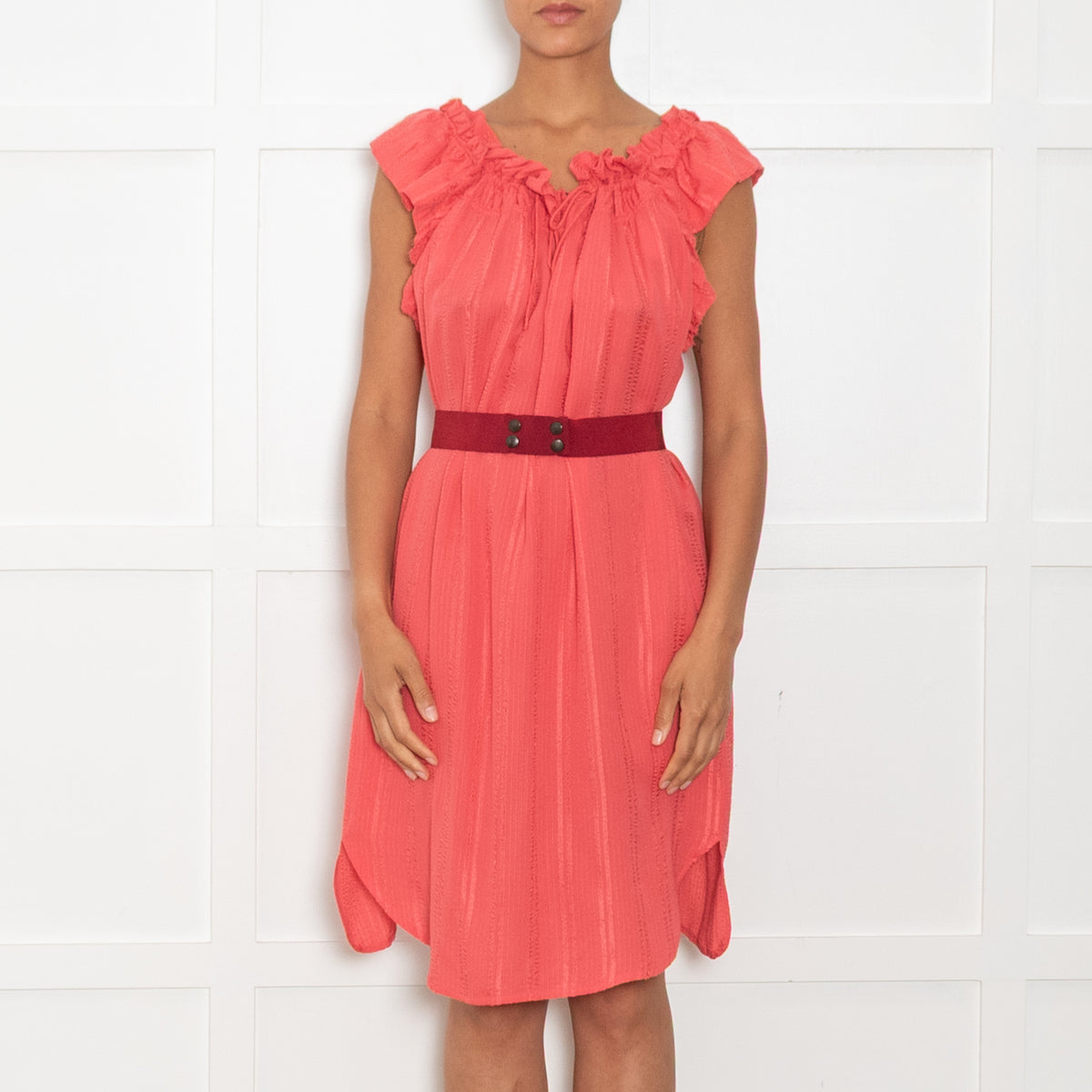 Isabel Marant Etoile Coral Frill Trim Red Belted Sleeveless Dress