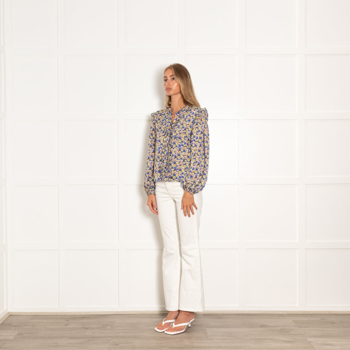 Lollys Laundry Khaki Blue Yellow Floral Frill Trim Blouse