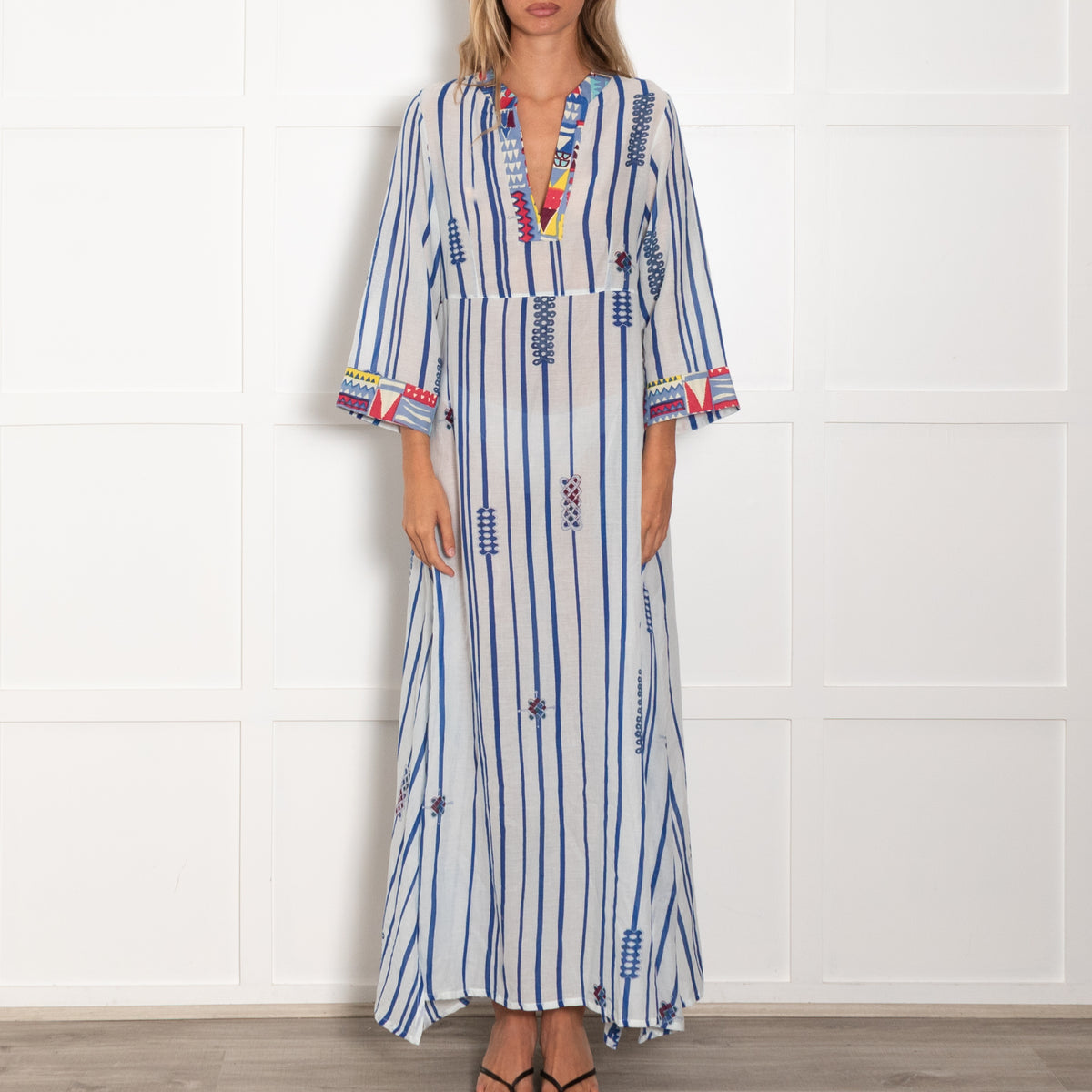 Le Sirenuse White Blue Stripe Multi Geometric Trim Maxi Dress