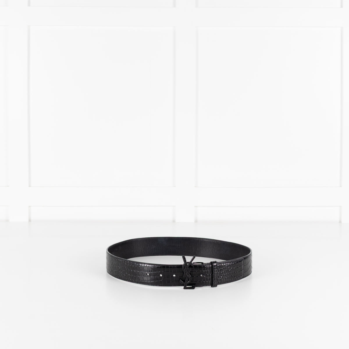 Saint Laurent Black Cassandre YSL Interlocking Crocodile Embossed Belt