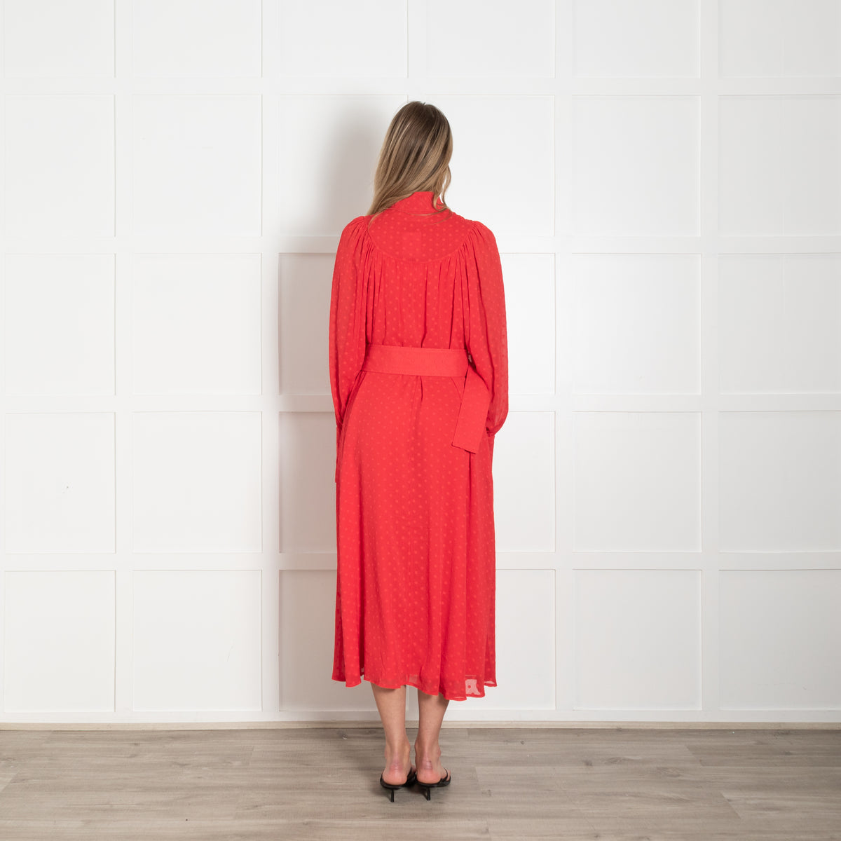 Rotate Red Dot Chiffon Long Sleeve Belted Midi Dress