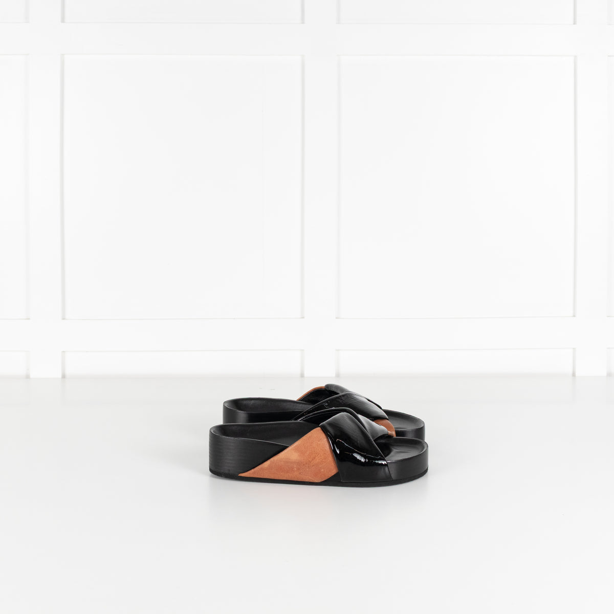 Celine Black Patent Tan Leather Twist Sandals