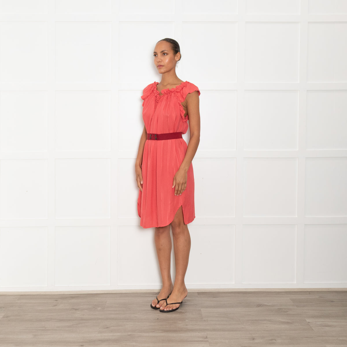 Isabel Marant Etoile Coral Frill Trim Red Belted Sleeveless Dress