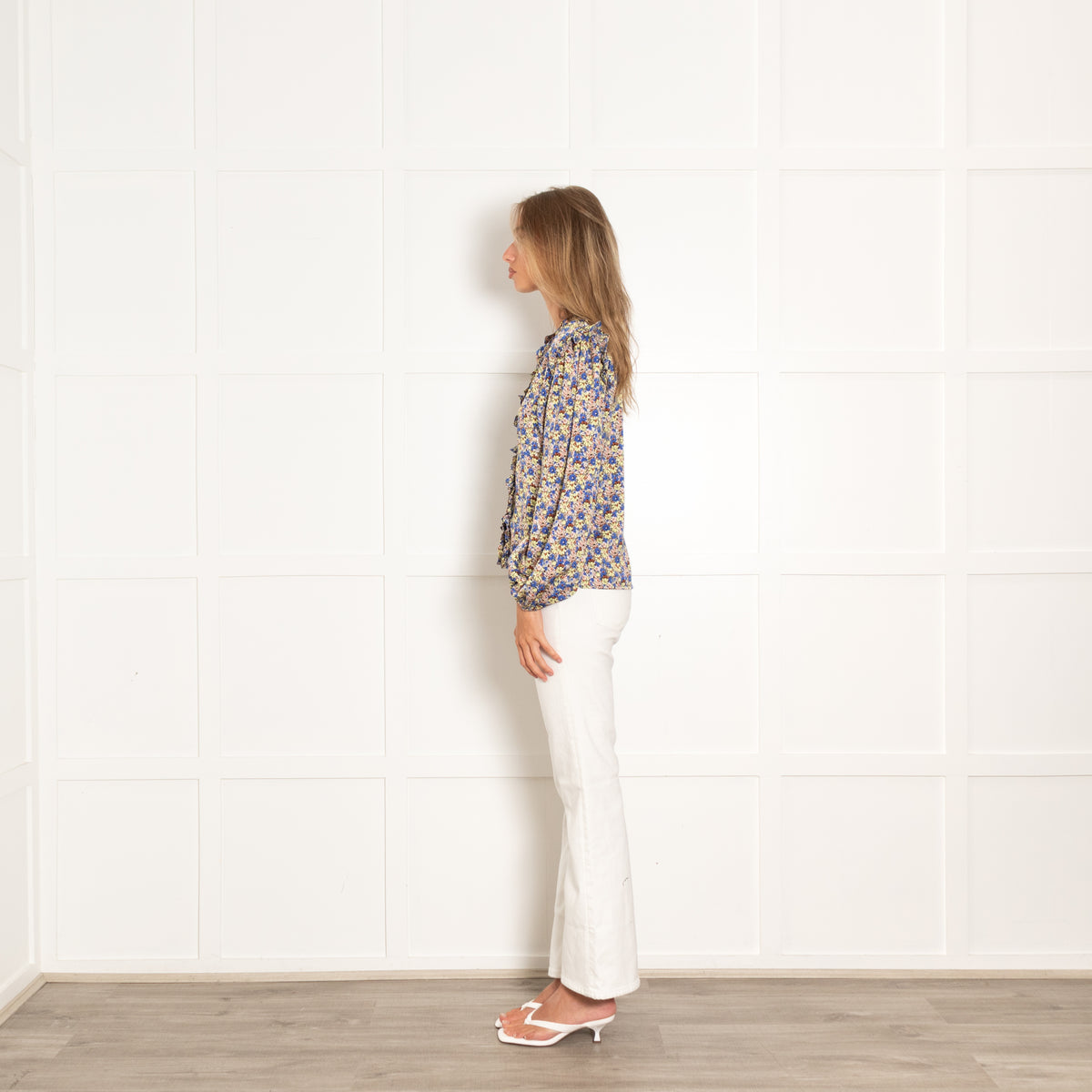 Lollys Laundry Khaki Blue Yellow Floral Frill Trim Blouse