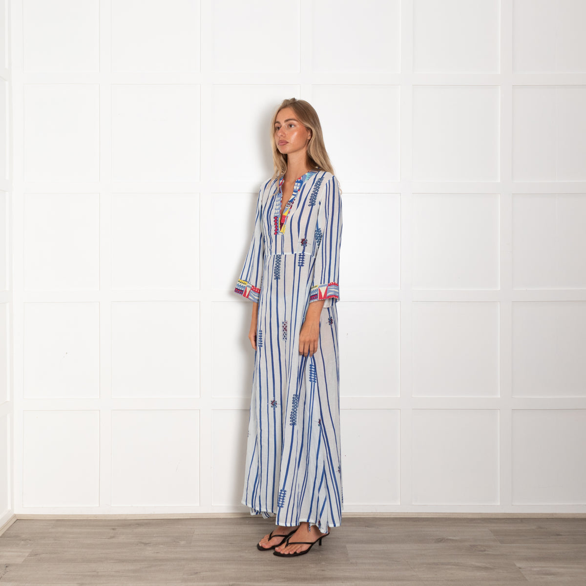 Le Sirenuse White Blue Stripe Multi Geometric Trim Maxi Dress
