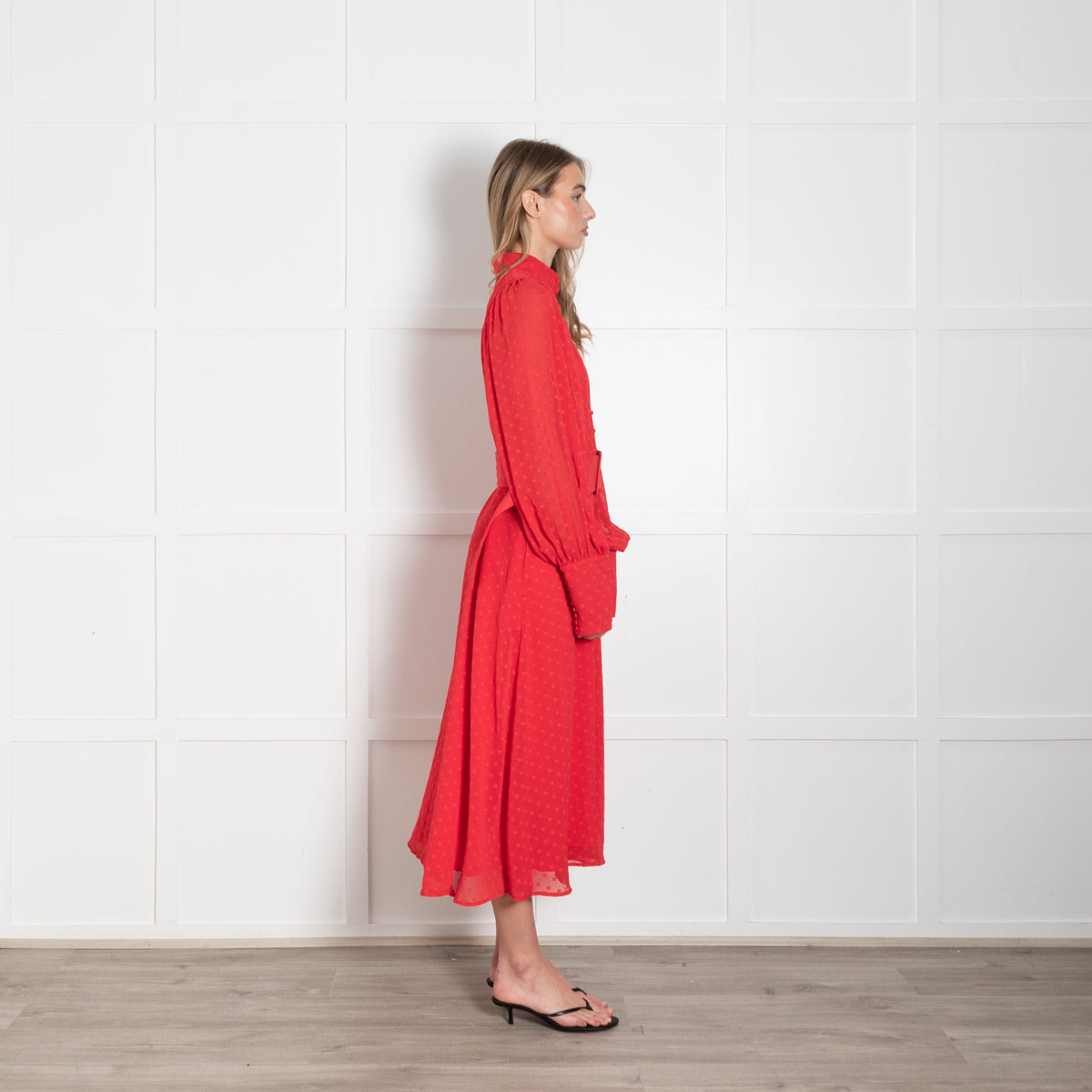Rotate Red Dot Chiffon Long Sleeve Belted Midi Dress