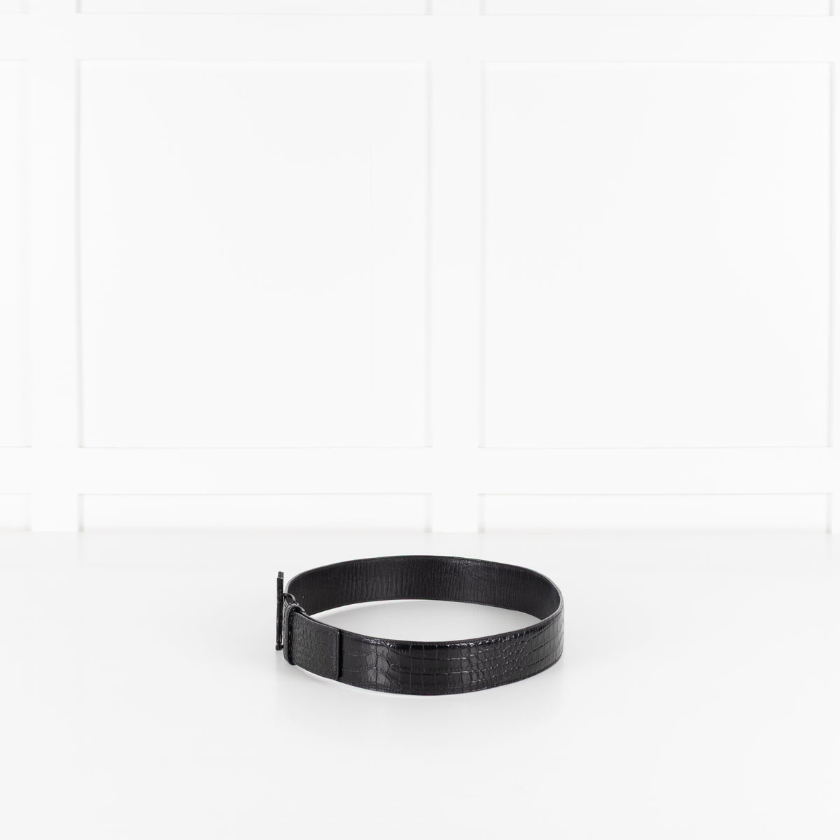 Saint Laurent Black Cassandre YSL Interlocking Crocodile Embossed Belt