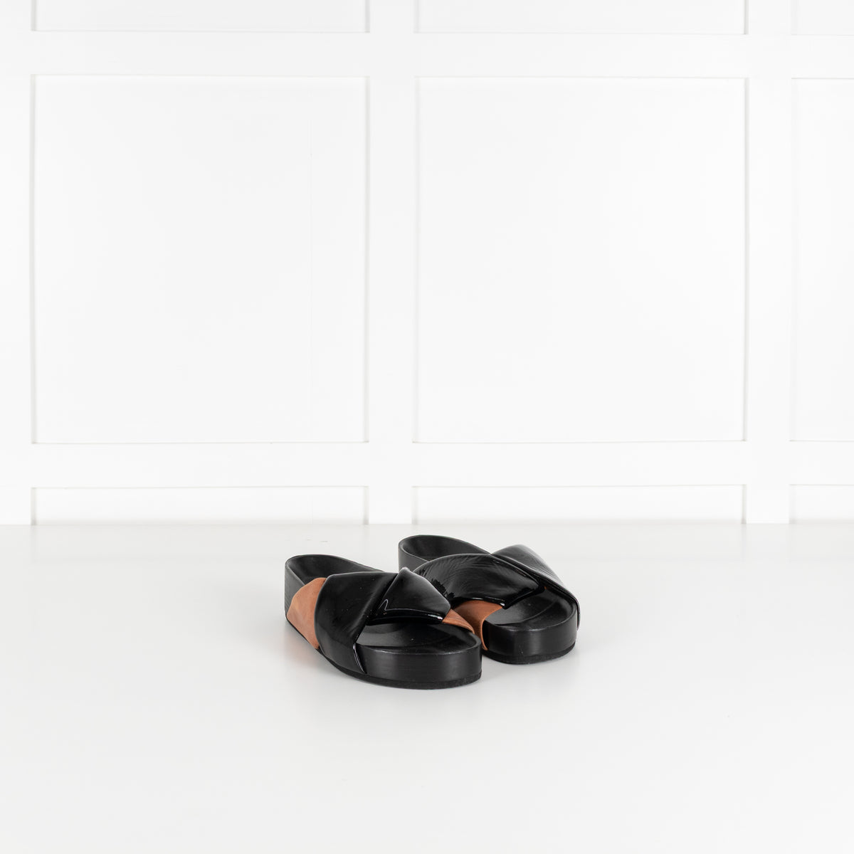 Celine Black Patent Tan Leather Twist Sandals