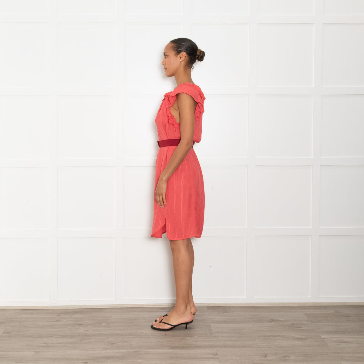 Isabel Marant Etoile Coral Frill Trim Red Belted Sleeveless Dress
