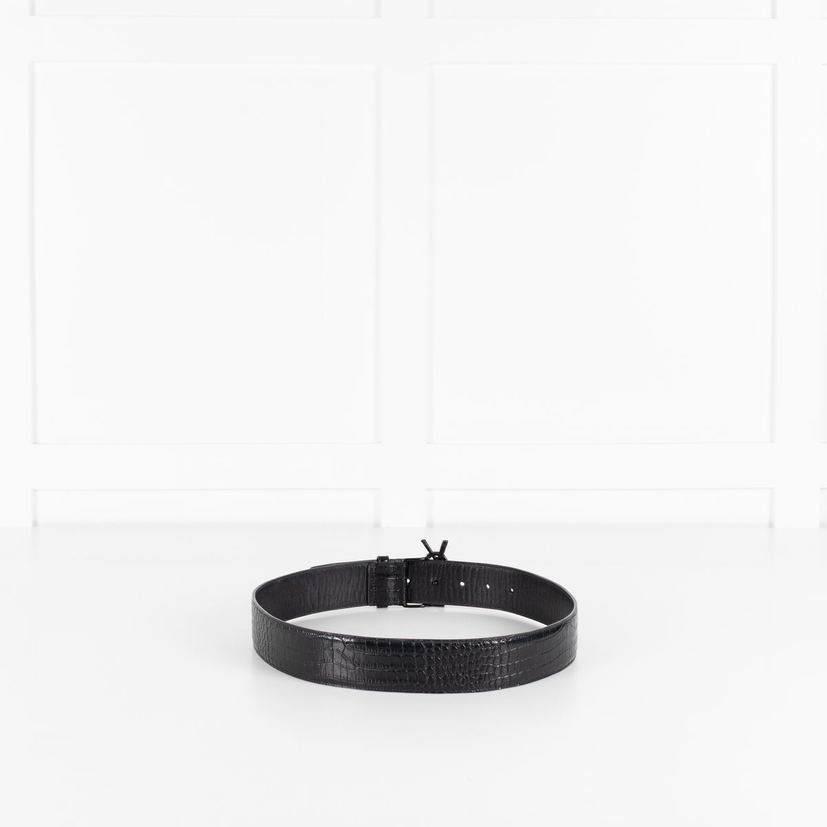 Saint Laurent Black Cassandre YSL Interlocking Crocodile Embossed Belt