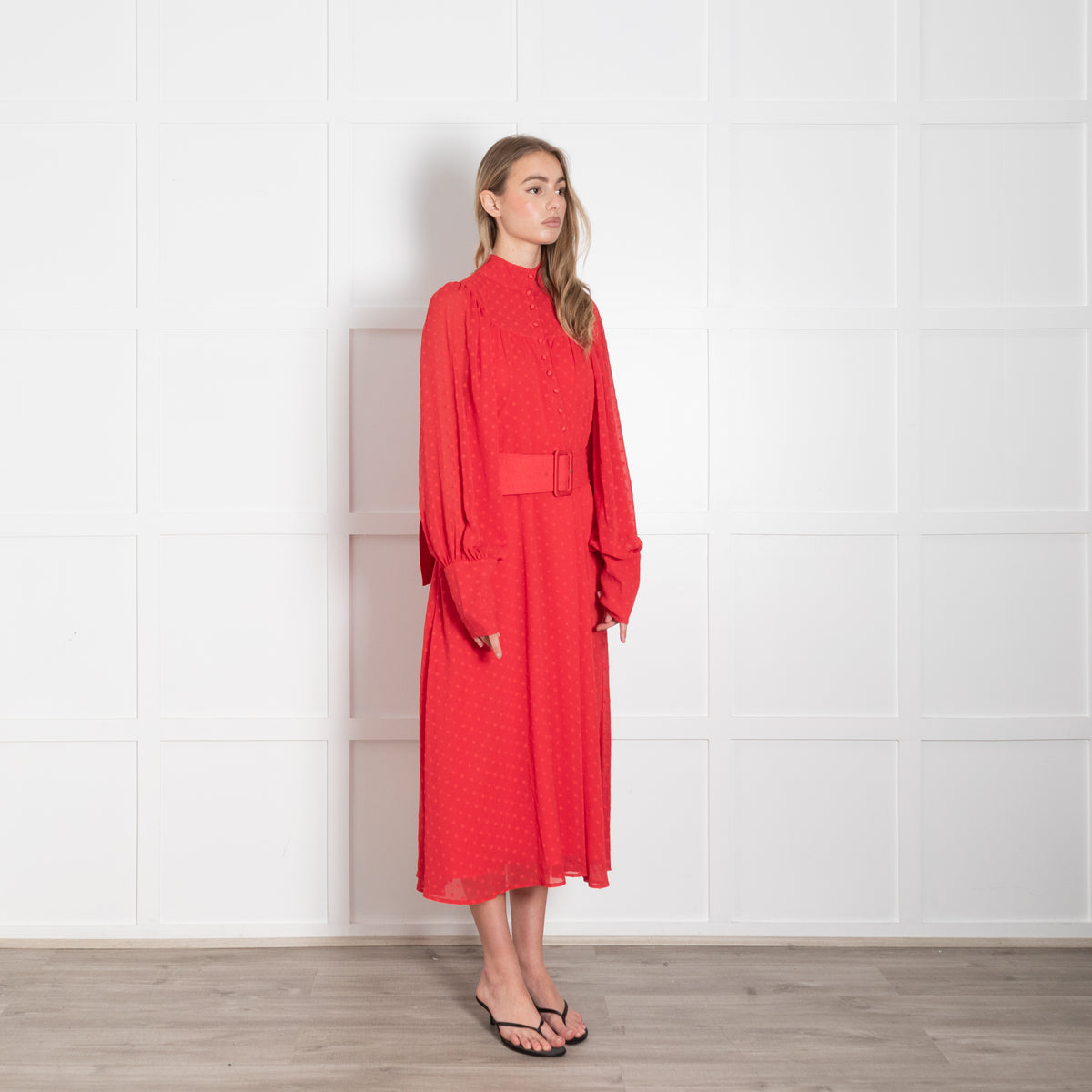 Rotate Red Dot Chiffon Long Sleeve Belted Midi Dress