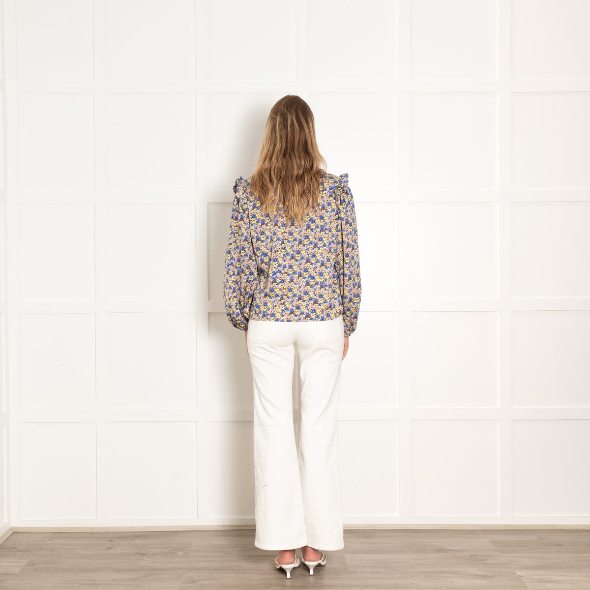 Lollys Laundry Khaki Blue Yellow Floral Frill Trim Blouse