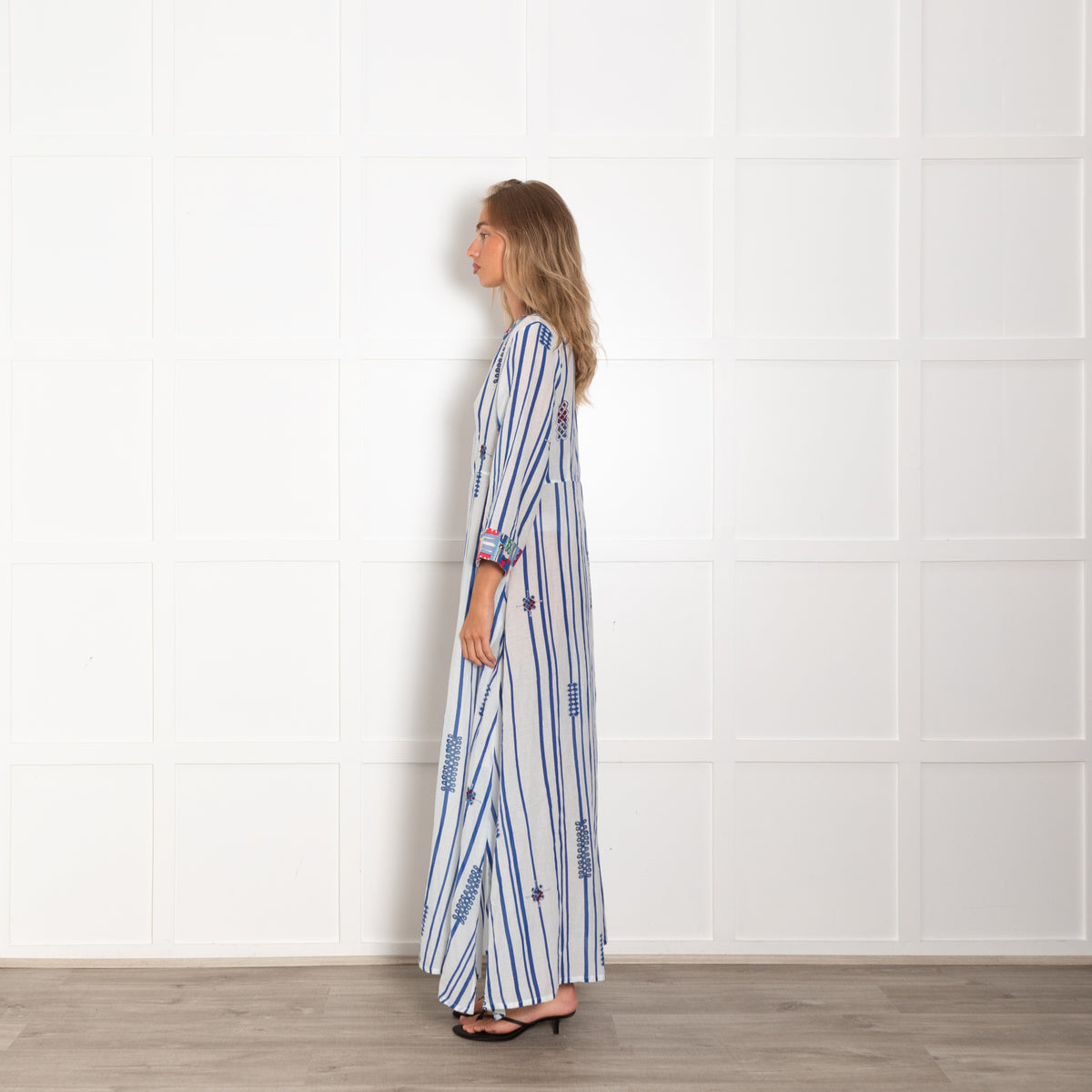 Le Sirenuse White Blue Stripe Multi Geometric Trim Maxi Dress