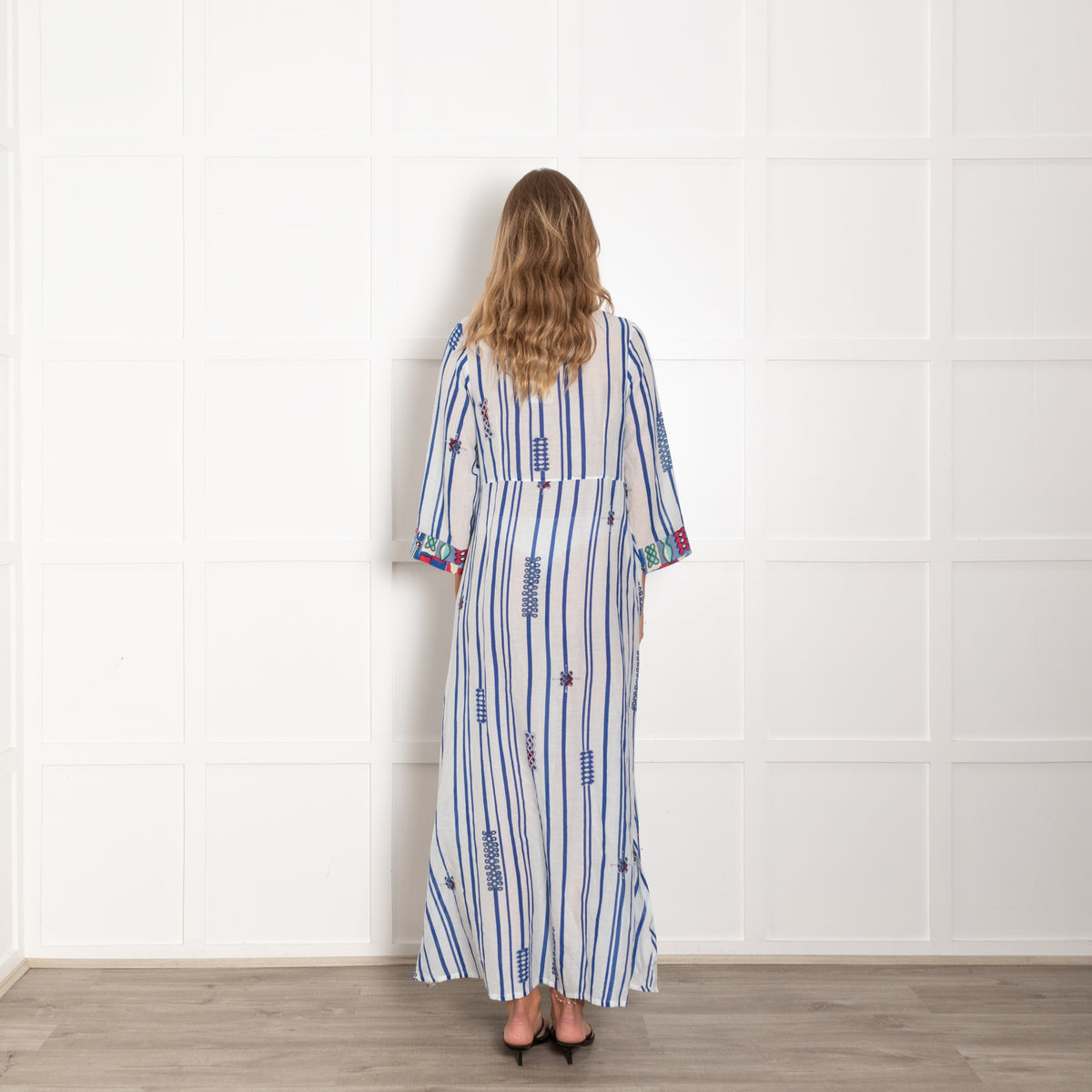 Le Sirenuse White Blue Stripe Multi Geometric Trim Maxi Dress