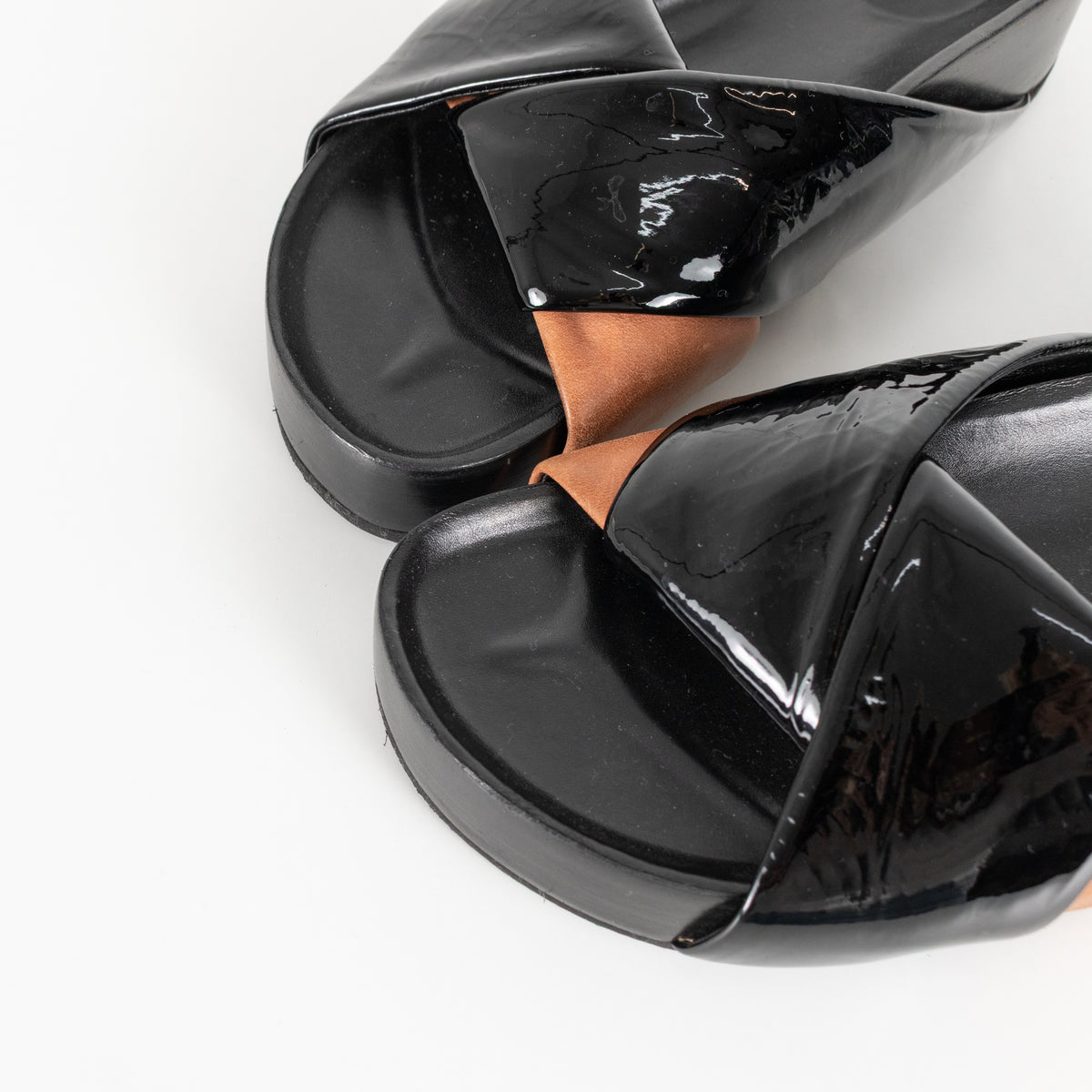 Celine Black Patent Tan Leather Twist Sandals