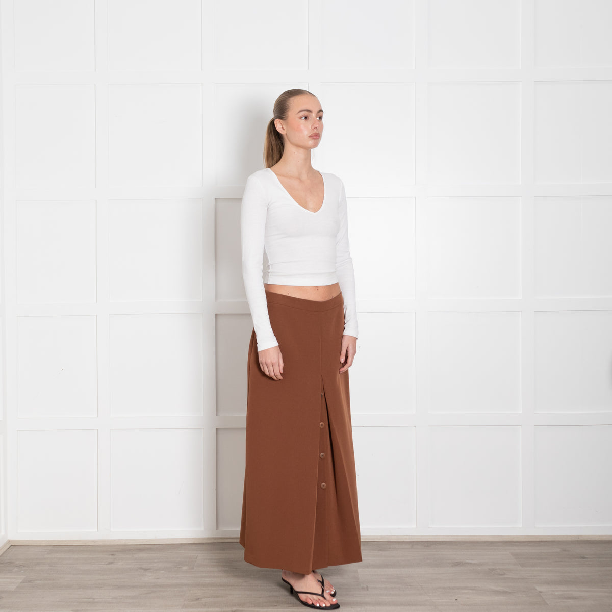 Zoe Milano Tan Button Detail Midi Skirt