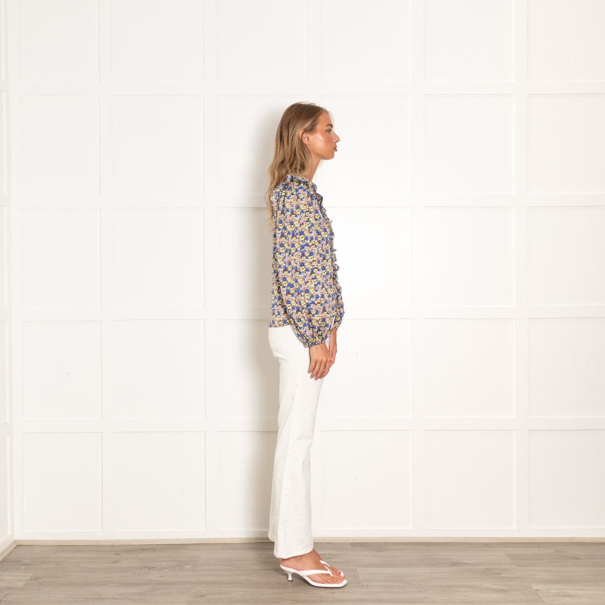 Lollys Laundry Khaki Blue Yellow Floral Frill Trim Blouse