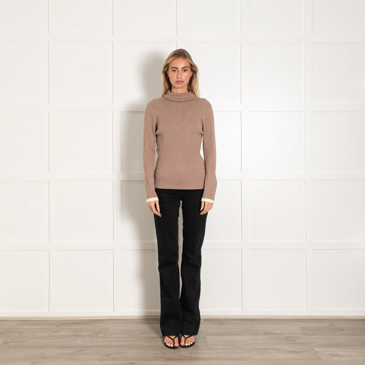 Varley Brown Viscose Blend Ribbed Long-Sleeved Turtleneck Top