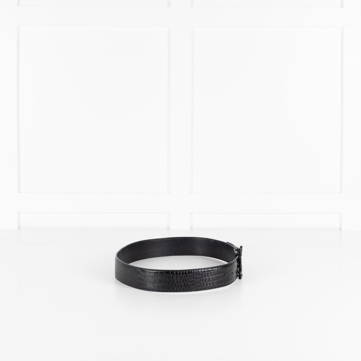 Saint Laurent Black Cassandre YSL Interlocking Crocodile Embossed Belt