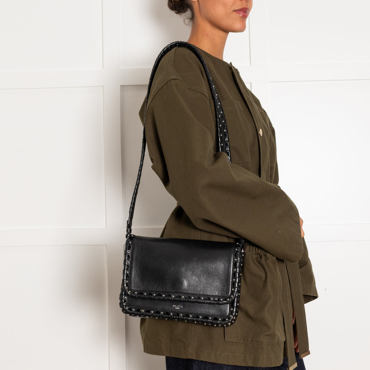 Alaia Black Leather Silver Stud Hinge Flap Crossbody Bag