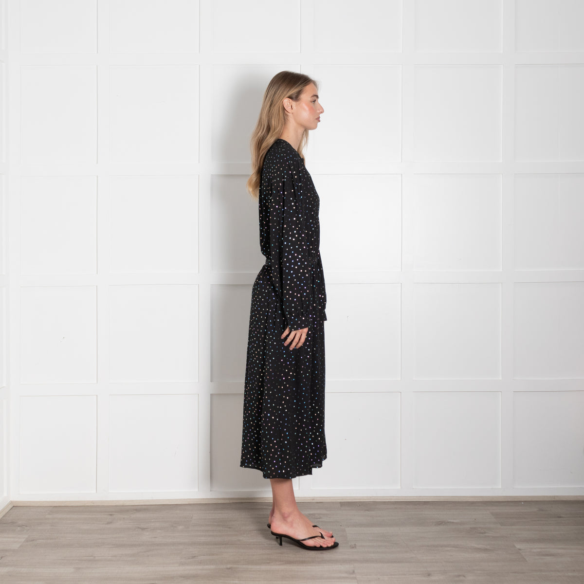 Essentiel Antwerp Black Wrap Dress with Metallic Polka Dots