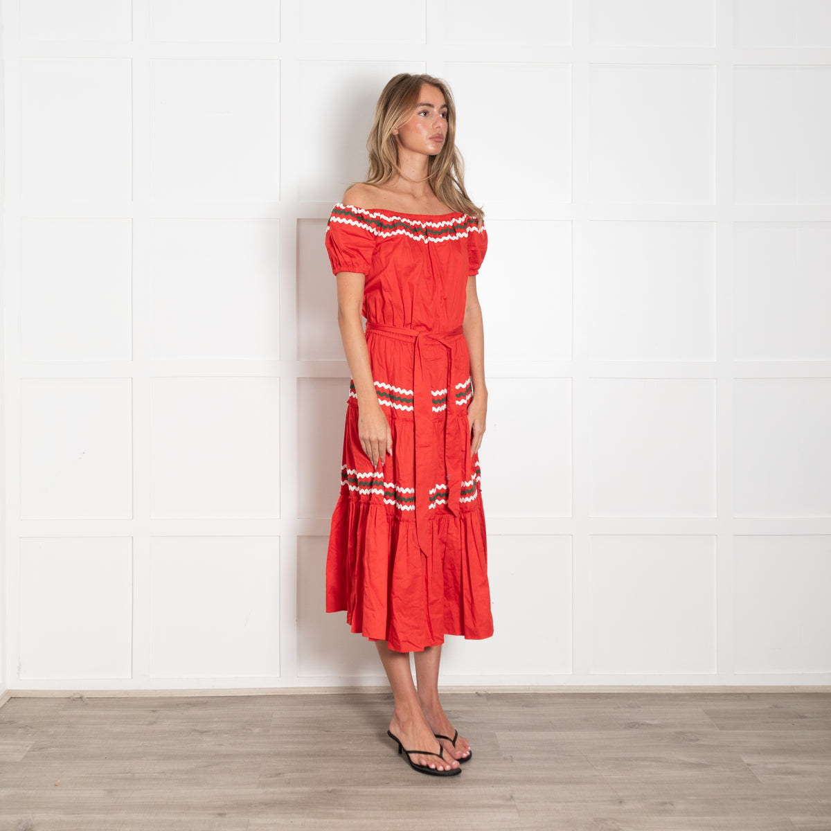 Tory Burch Red Cream Khaki Rick Rack Ribbon Trim Maxi Dress