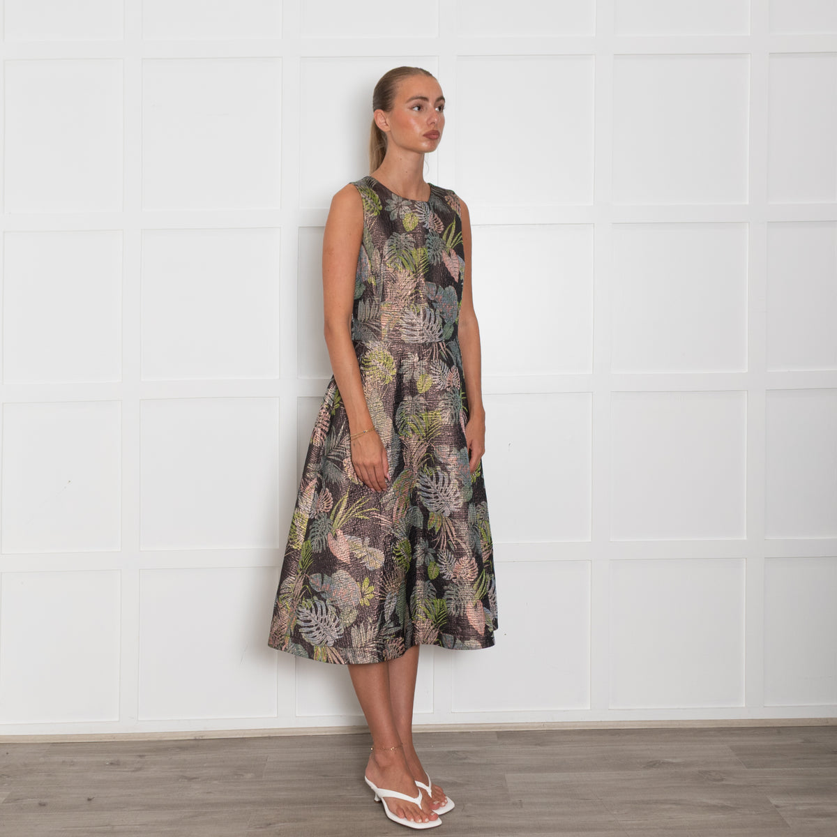 Essentiel Antwerp Bronze Leafy Print Sleeveless Dress