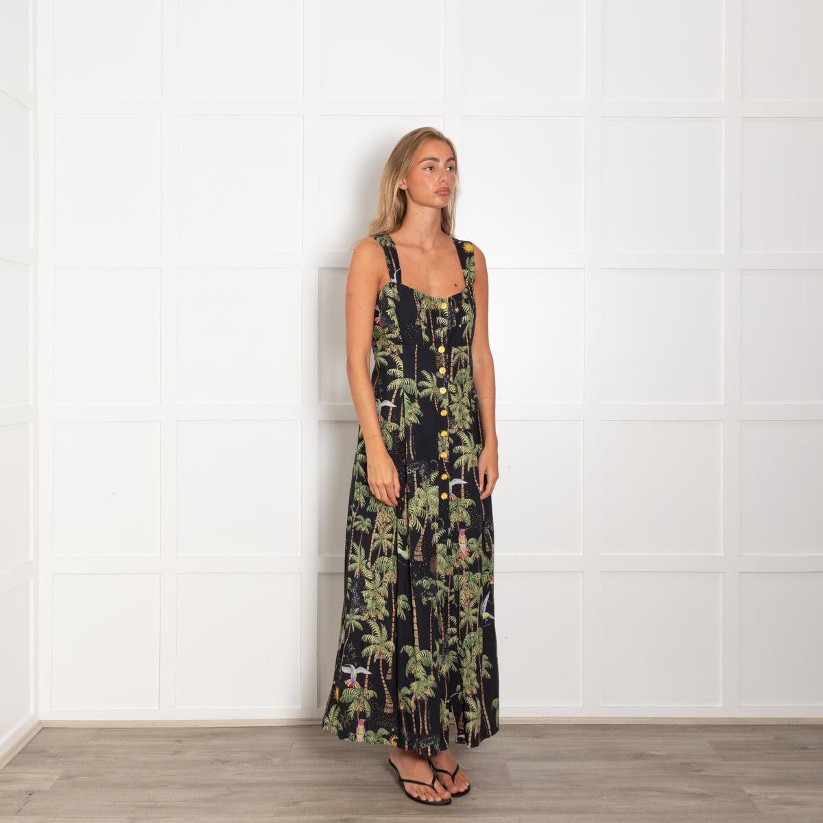 Hayley Menzies Black Cotton Palm Tree Print Sleeveless Dress