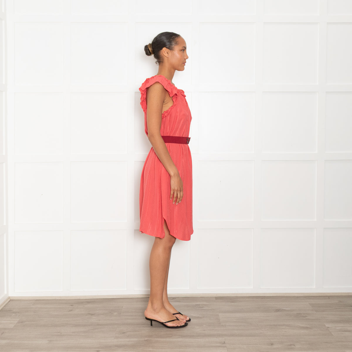 Isabel Marant Etoile Coral Frill Trim Red Belted Sleeveless Dress