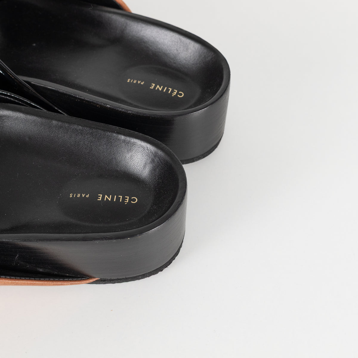 Celine Black Patent Tan Leather Twist Sandals