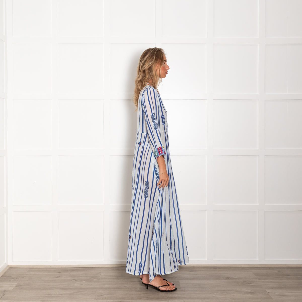 Le Sirenuse White Blue Stripe Multi Geometric Trim Maxi Dress