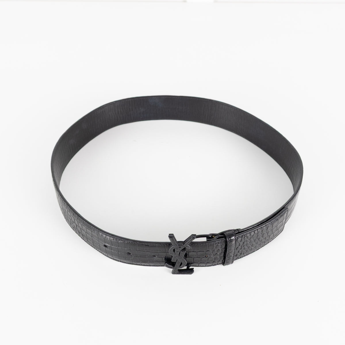 Saint Laurent Black Cassandre YSL Interlocking Crocodile Embossed Belt