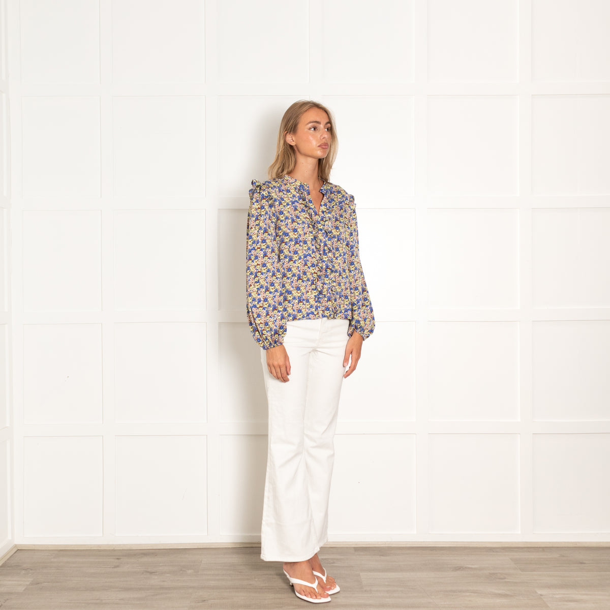 Lollys Laundry Khaki Blue Yellow Floral Frill Trim Blouse