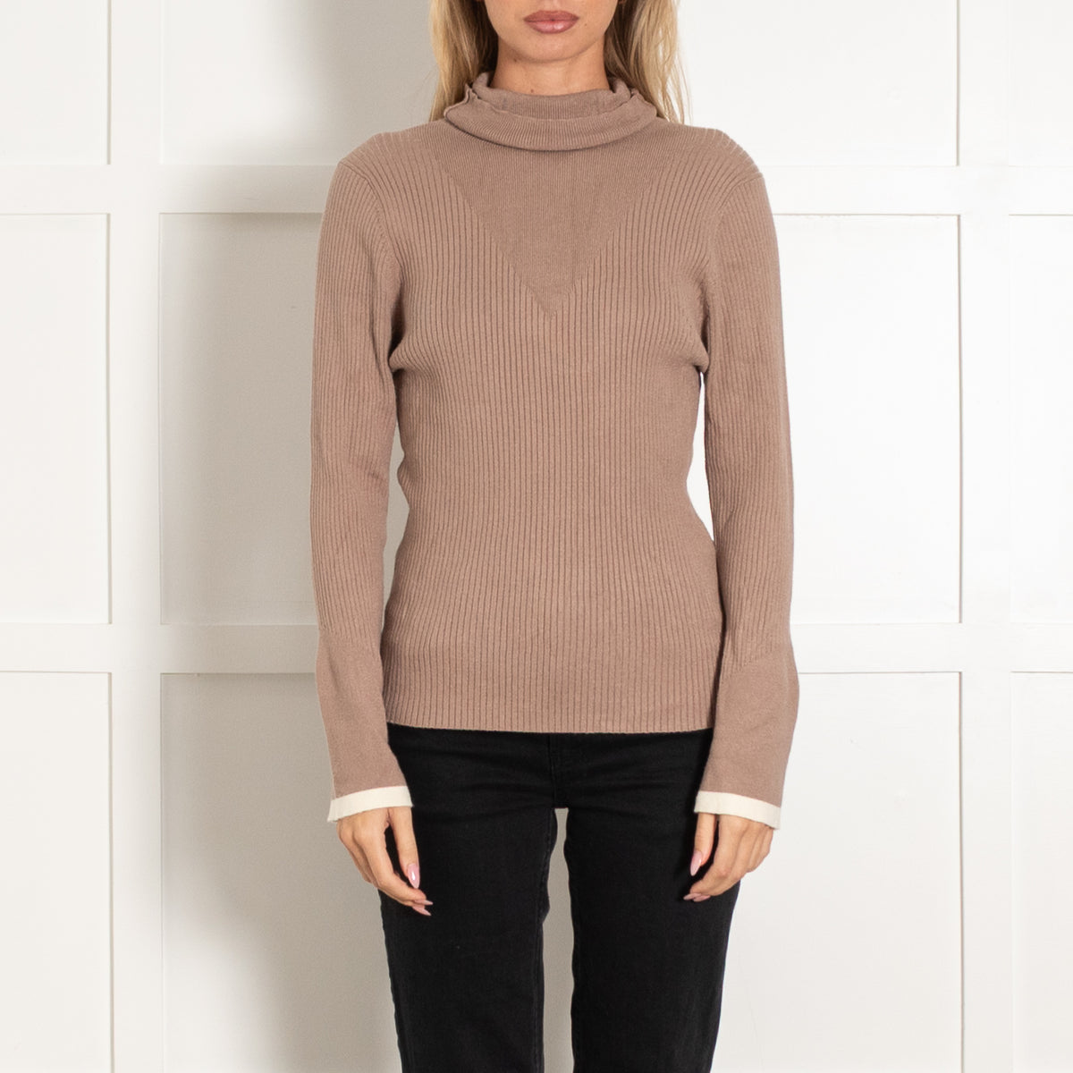 Varley Brown Viscose Blend Ribbed Long-Sleeved Turtleneck Top