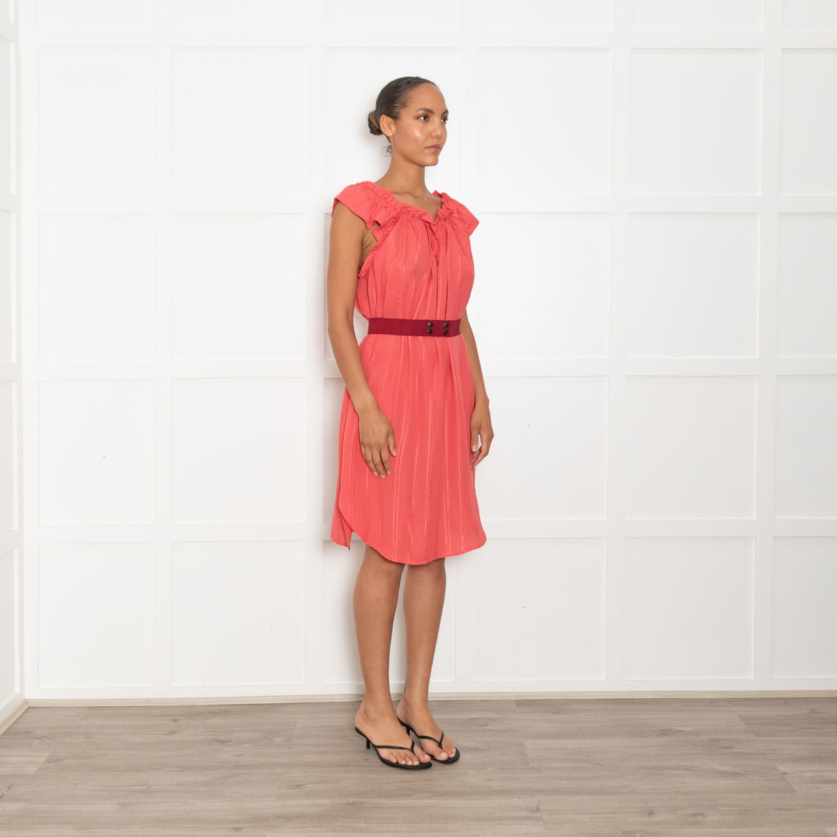 Isabel Marant Etoile Coral Frill Trim Red Belted Sleeveless Dress