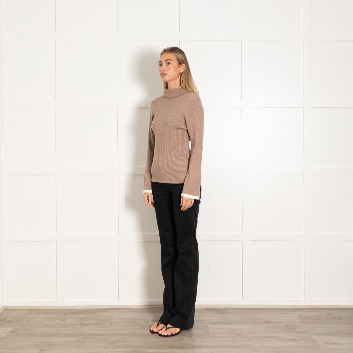 Varley Brown Viscose Blend Ribbed Long-Sleeved Turtleneck Top