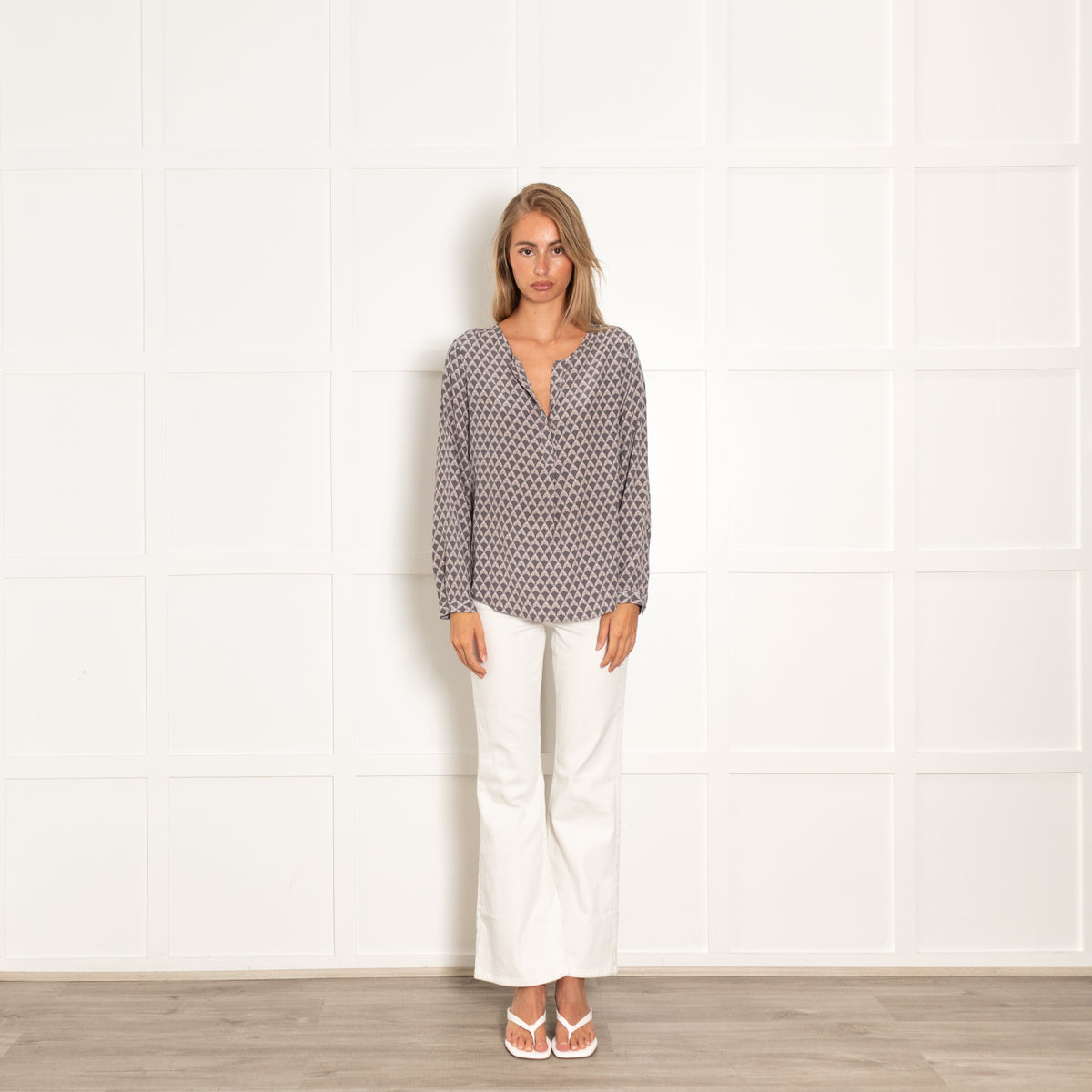 Joie Grey Geometric Print Long Sleeve Blouse