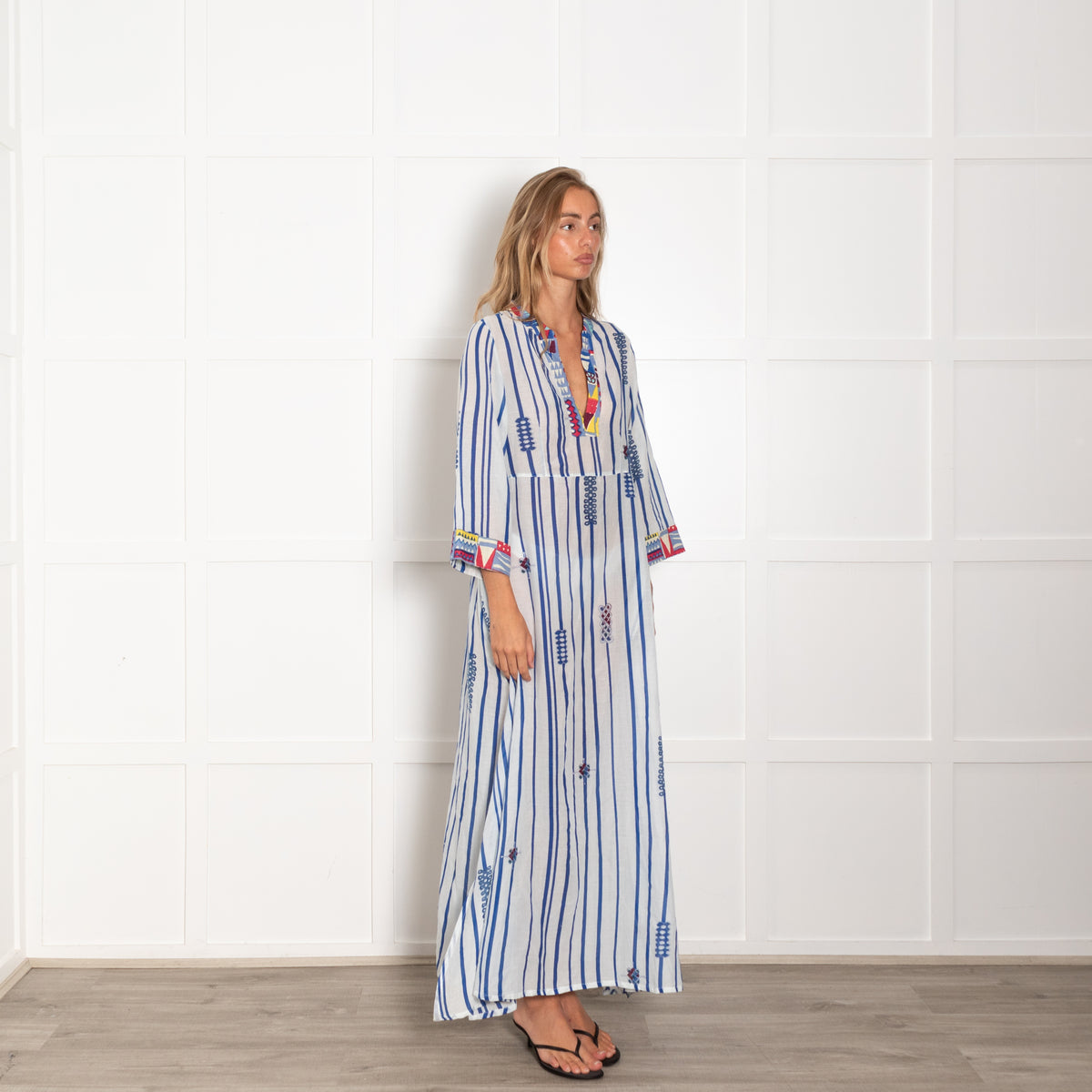 Le Sirenuse White Blue Stripe Multi Geometric Trim Maxi Dress