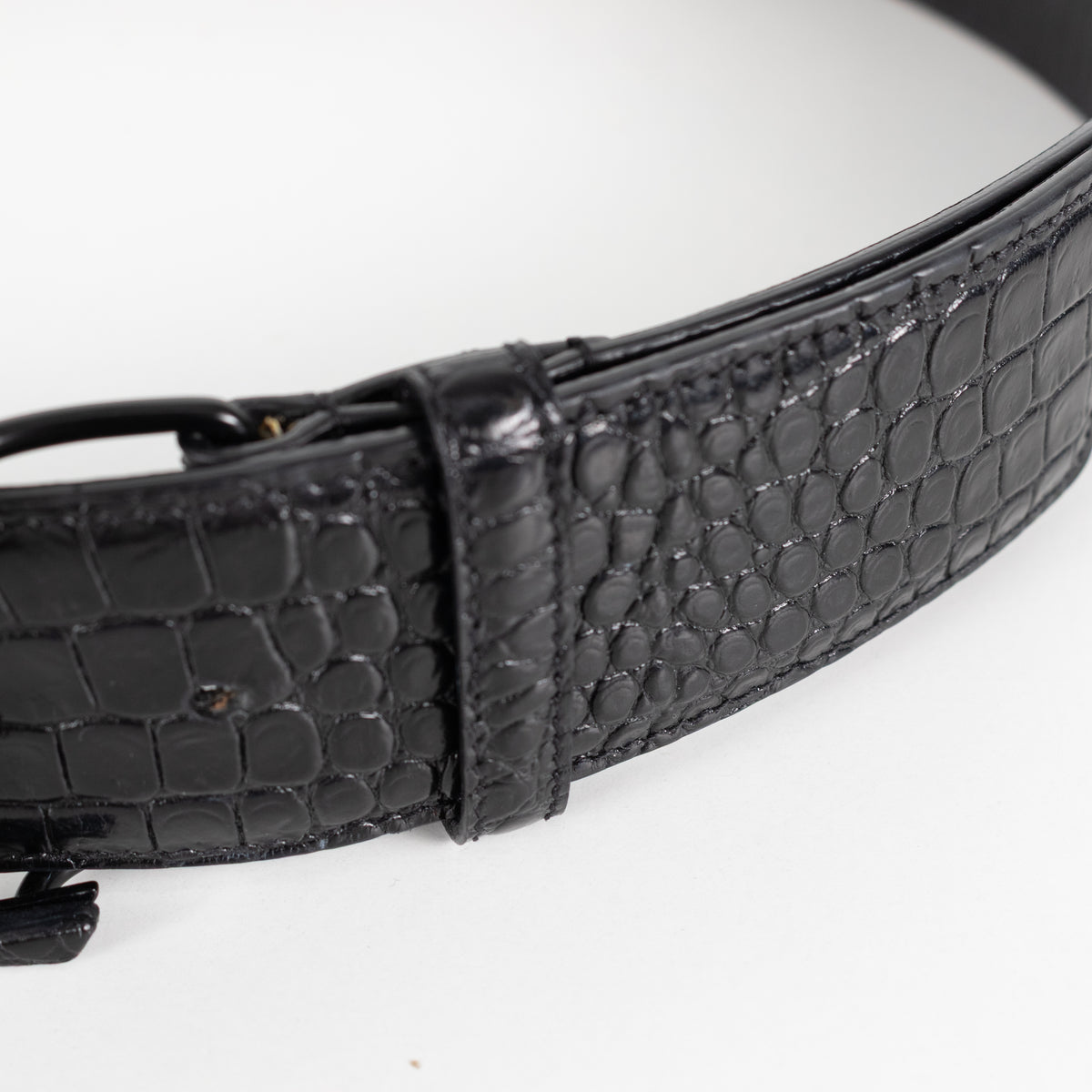 Saint Laurent Black Cassandre YSL Interlocking Crocodile Embossed Belt