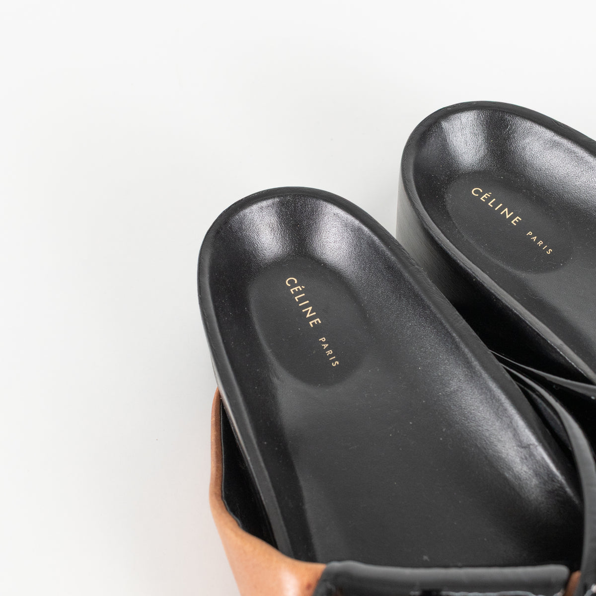 Celine Black Patent Tan Leather Twist Sandals