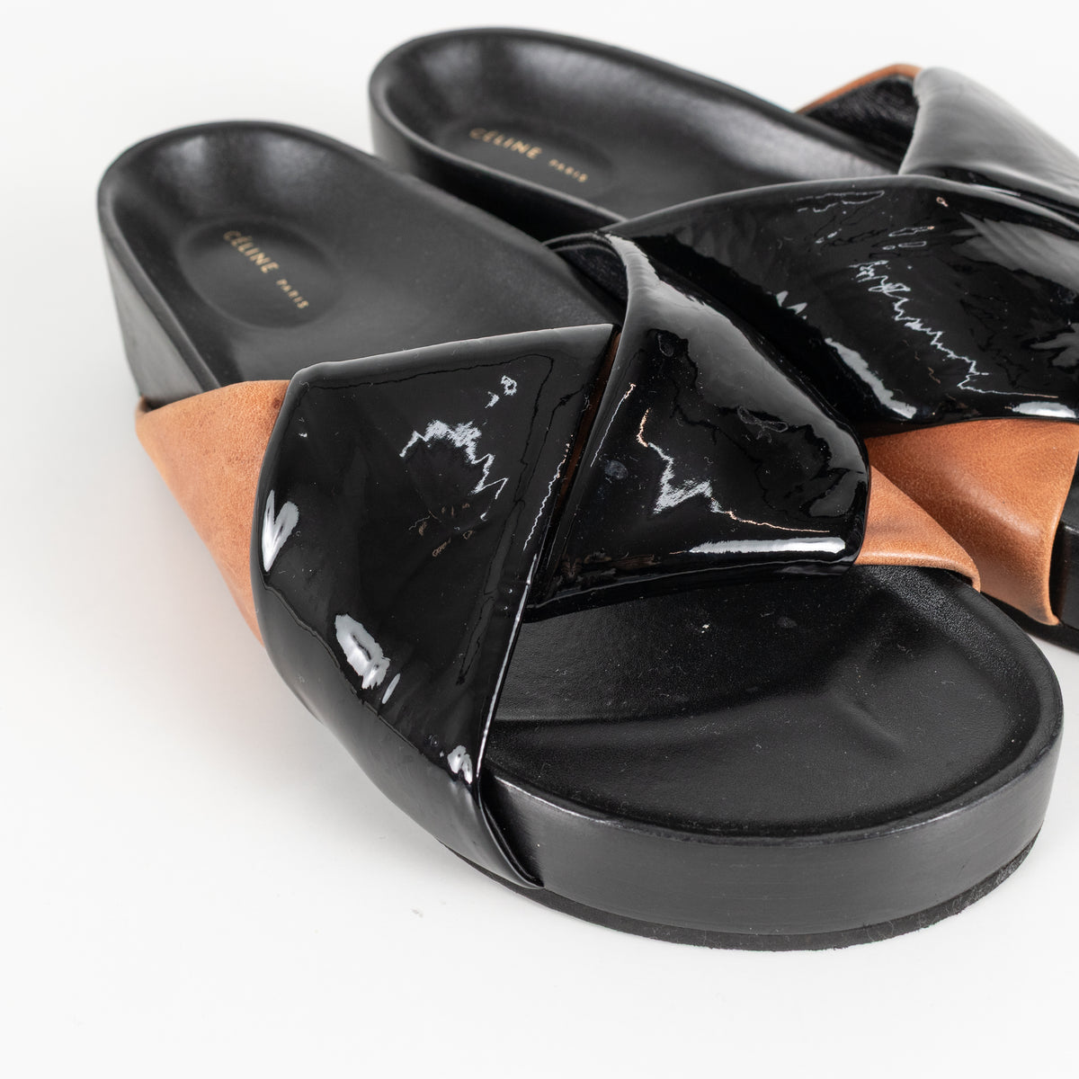 Celine Black Patent Tan Leather Twist Sandals