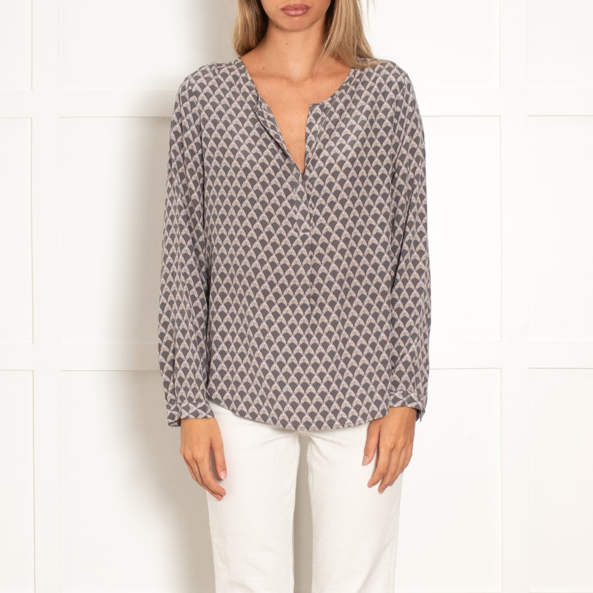 Joie Grey Geometric Print Long Sleeve Blouse
