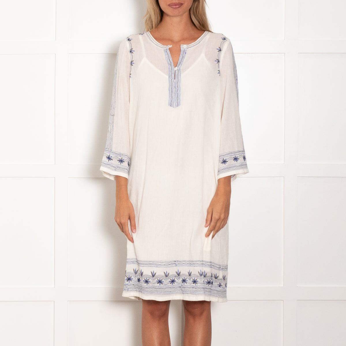 Wrap London White Blue Black Embroidery Trim Dress & Slip