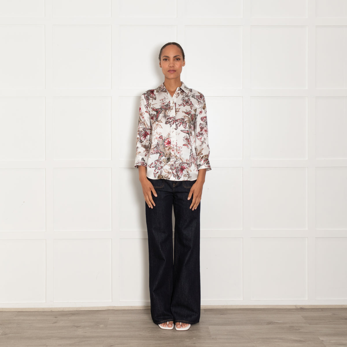 L'AGENCE White Grey Pink Butterfly Print Silk Top