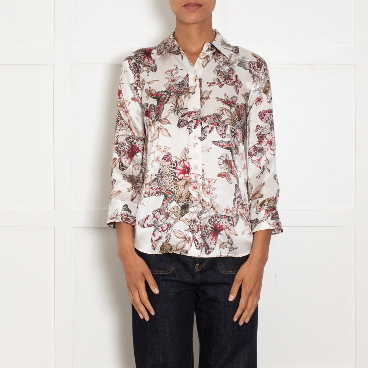 L'AGENCE White Grey Pink Butterfly Print Silk Top