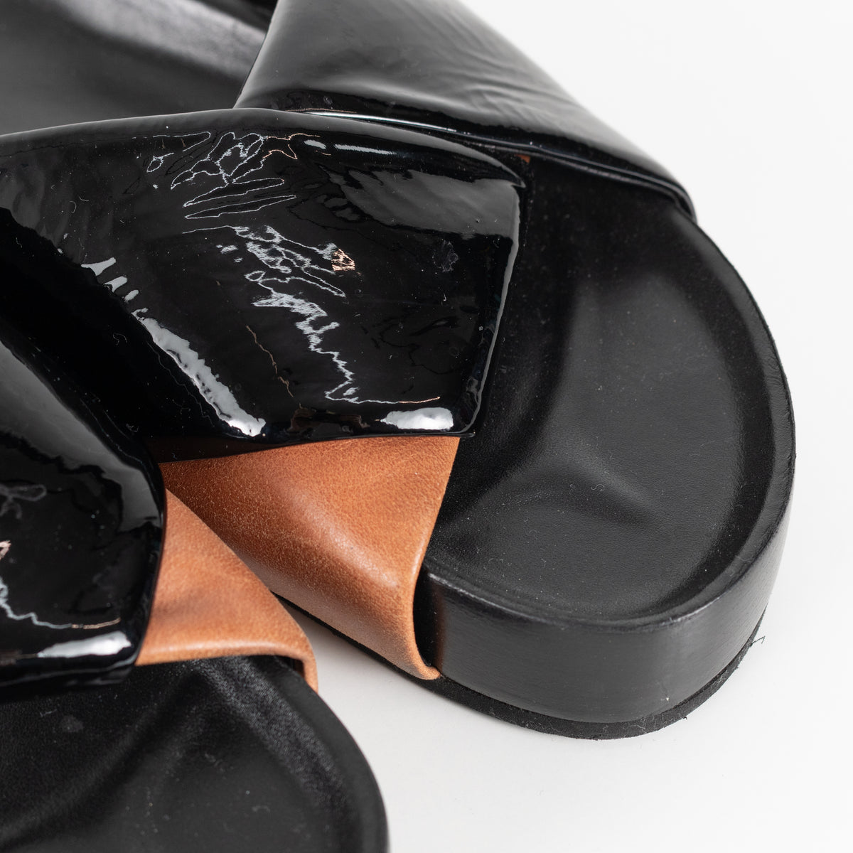 Celine Black Patent Tan Leather Twist Sandals