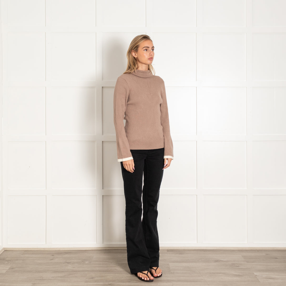 Varley Brown Viscose Blend Ribbed Long-Sleeved Turtleneck Top