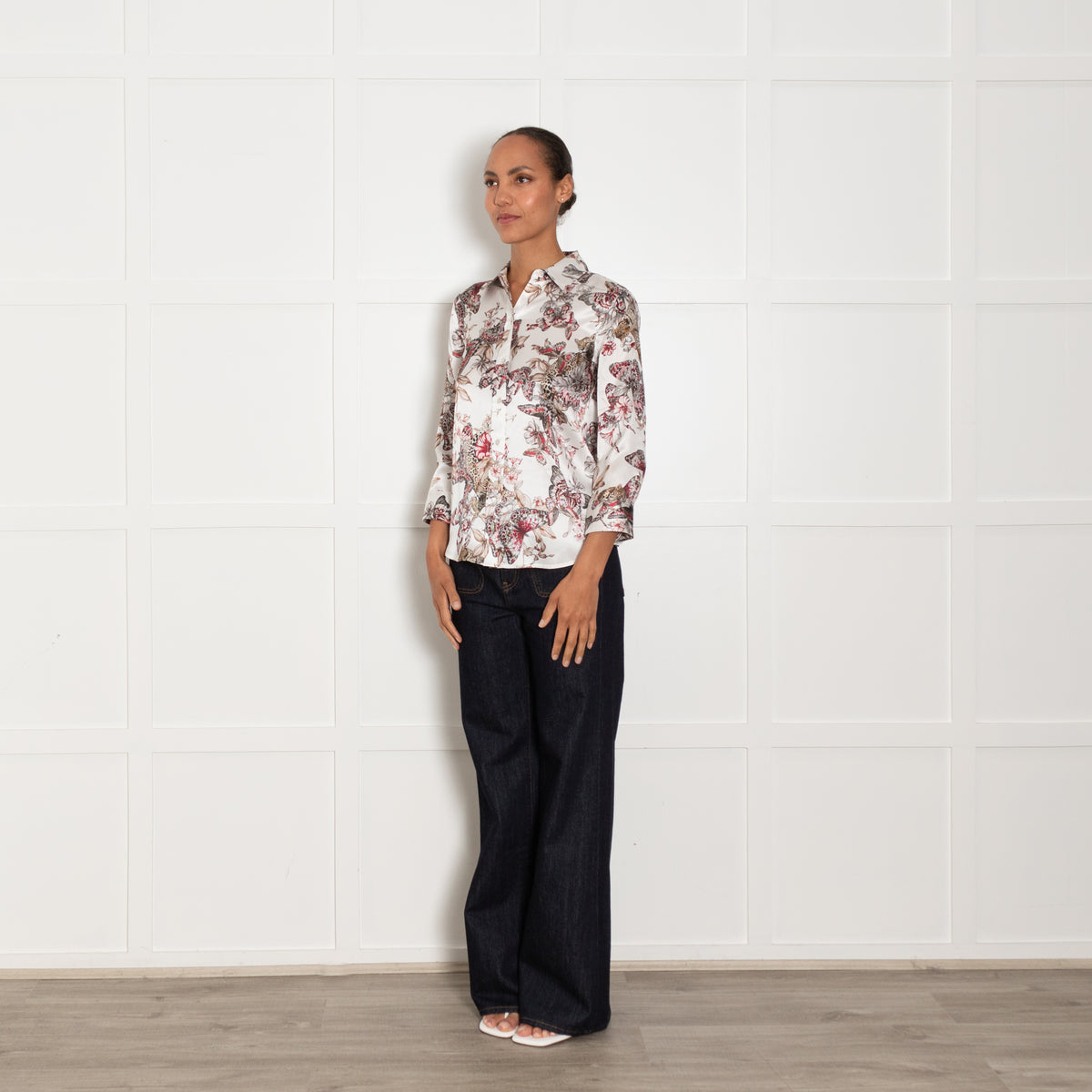 L'AGENCE White Grey Pink Butterfly Print Silk Top